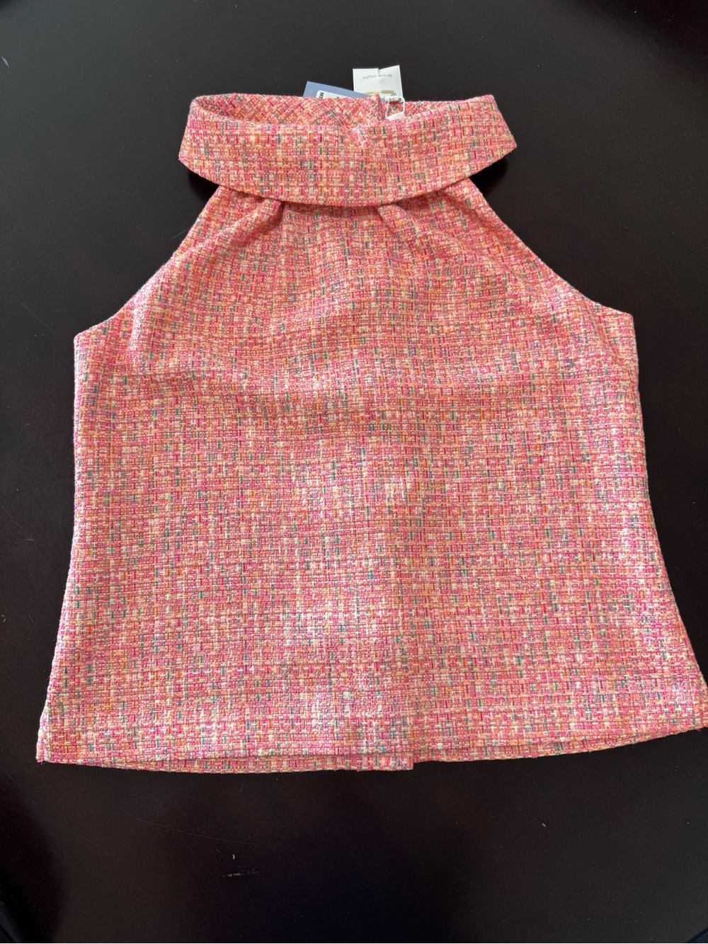 Sail to Sable Neon Pink Multicolor Tweed Sleeveless Cowl Neck Back Button Top